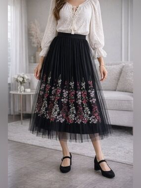 Moon Collection Black Tulle Embroidered Midi Skirt Floral Mesh A-Line S/M